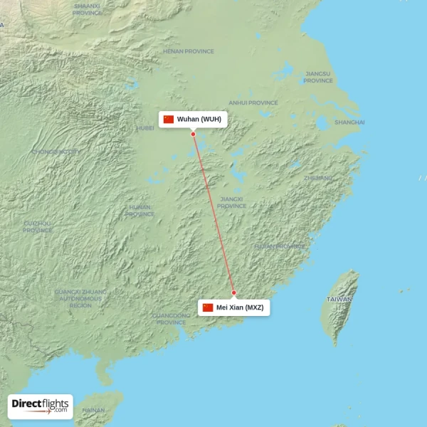 Wuhan - Mei Xian direct flight map