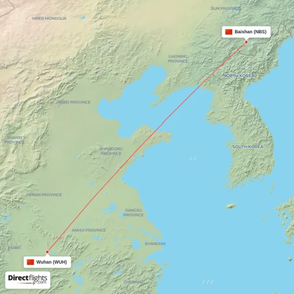 Wuhan - Baishan direct flight map
