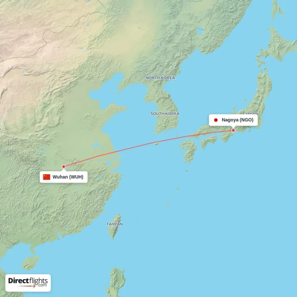 Wuhan - Nagoya direct flight map