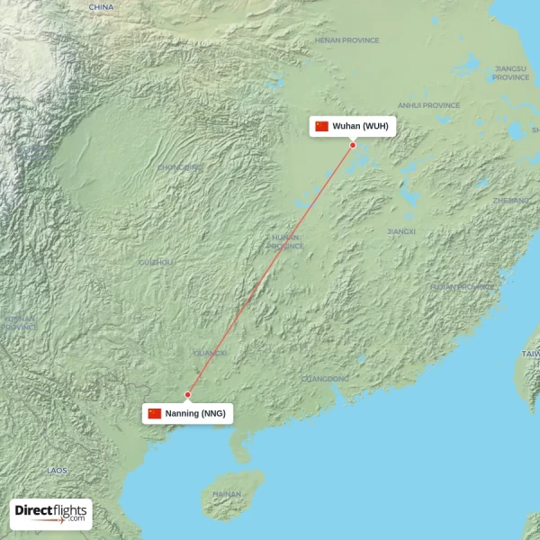 Wuhan - Nanning direct flight map