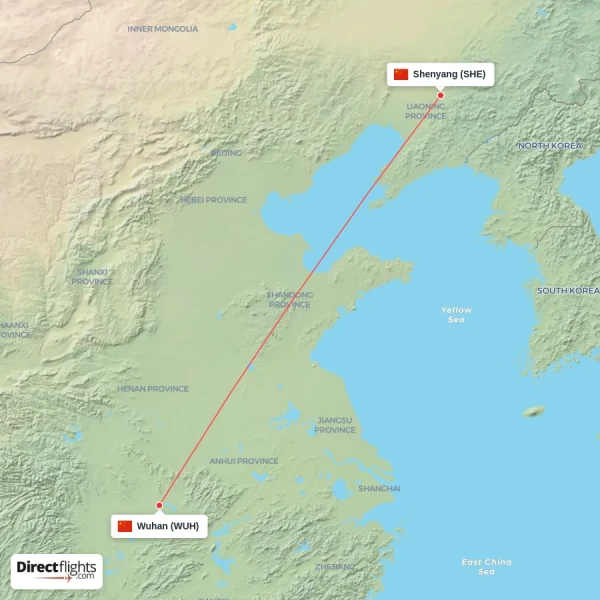 Wuhan - Shenyang direct flight map