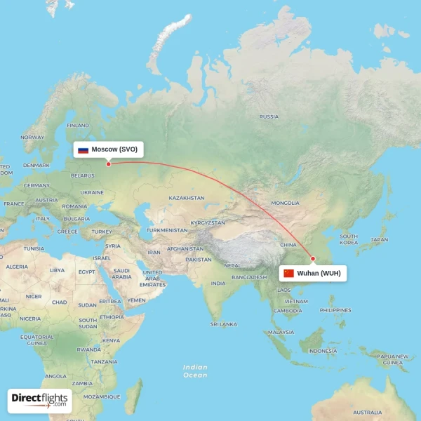Wuhan - Moscow direct flight map