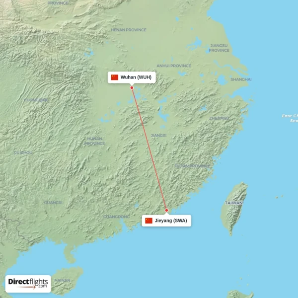 Wuhan - Jieyang direct flight map