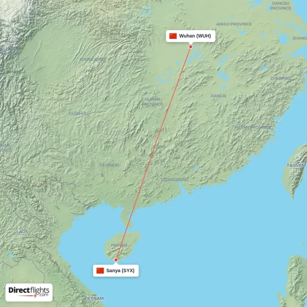 Wuhan - Sanya direct flight map