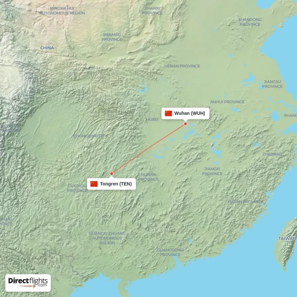 Wuhan - Tongren direct flight map
