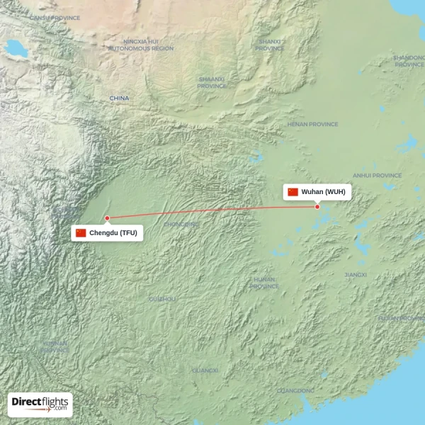 Wuhan - Chengdu direct flight map