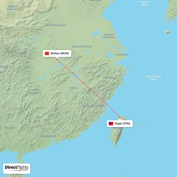 Wuhan - Taipei direct flight map