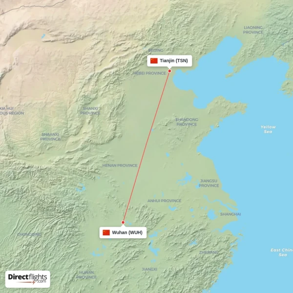 Wuhan - Tianjin direct flight map