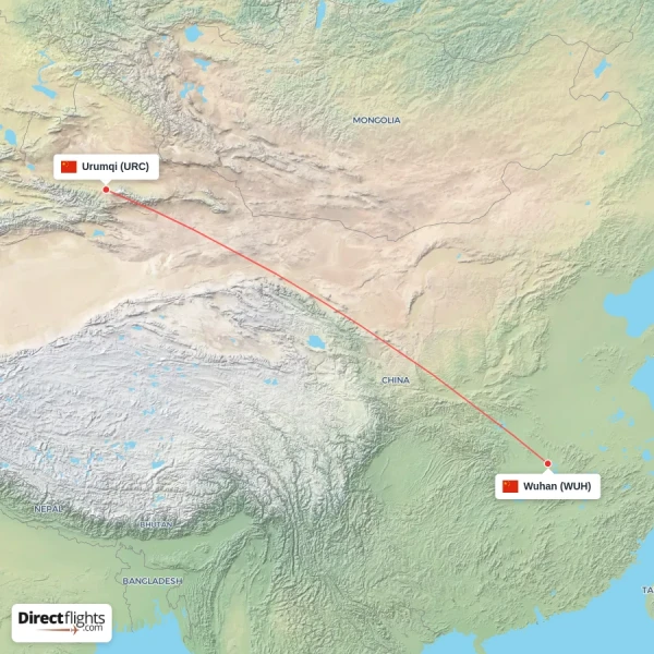Wuhan - Urumqi direct flight map