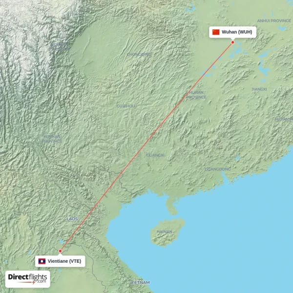 Wuhan - Vientiane direct flight map