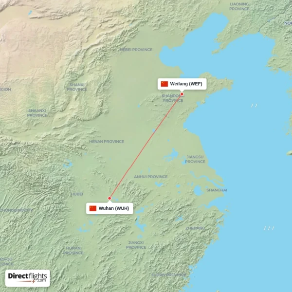 Wuhan - Weifang direct flight map