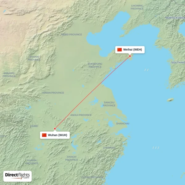 Wuhan - Weihai direct flight map