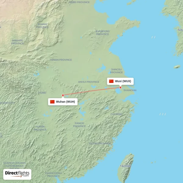 Wuhan - Wuxi direct flight map