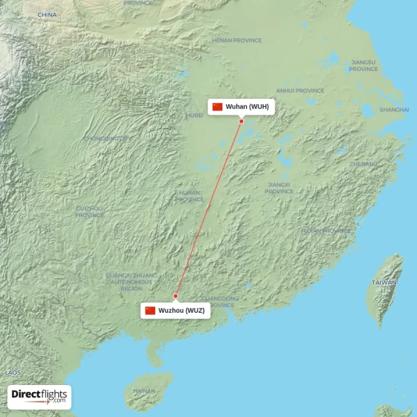 Wuhan - Wuzhou direct flight map