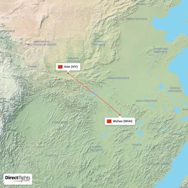 Wuhan - Xian direct flight map