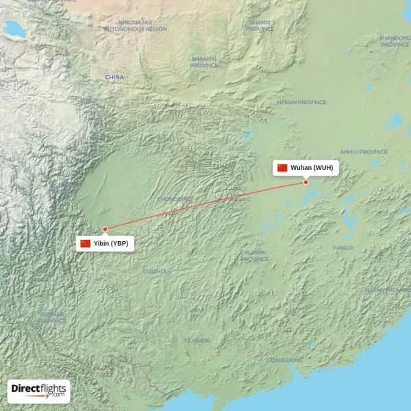 Wuhan - Yibin direct flight map