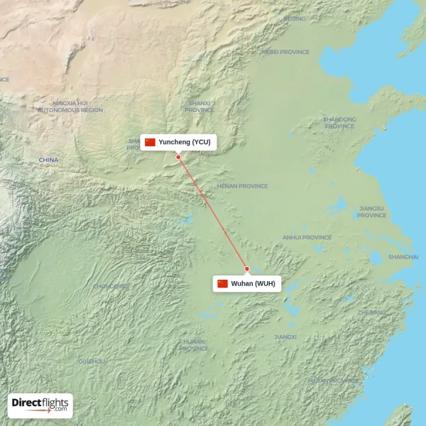 Wuhan - Yuncheng direct flight map