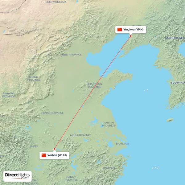 Wuhan - Yingkou direct flight map