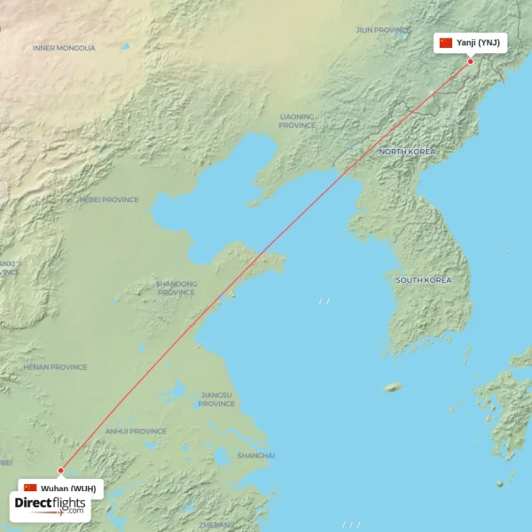 Wuhan - Yanji direct flight map