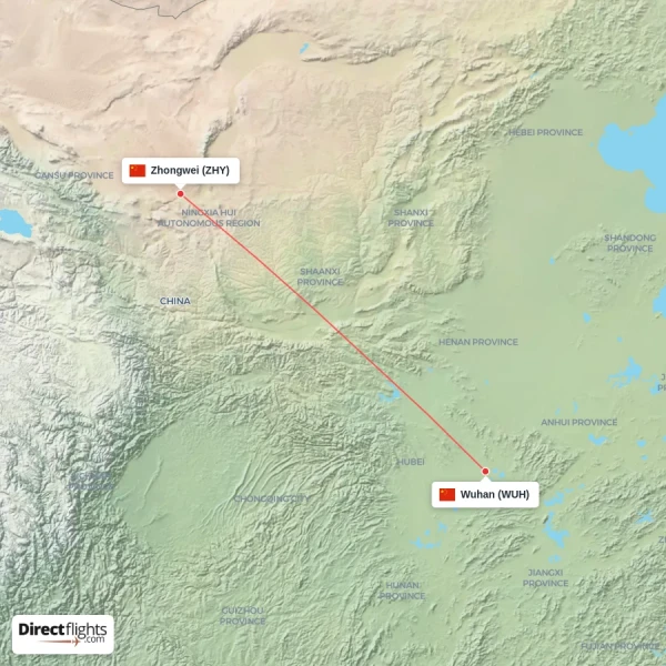 Wuhan - Zhongwei direct flight map
