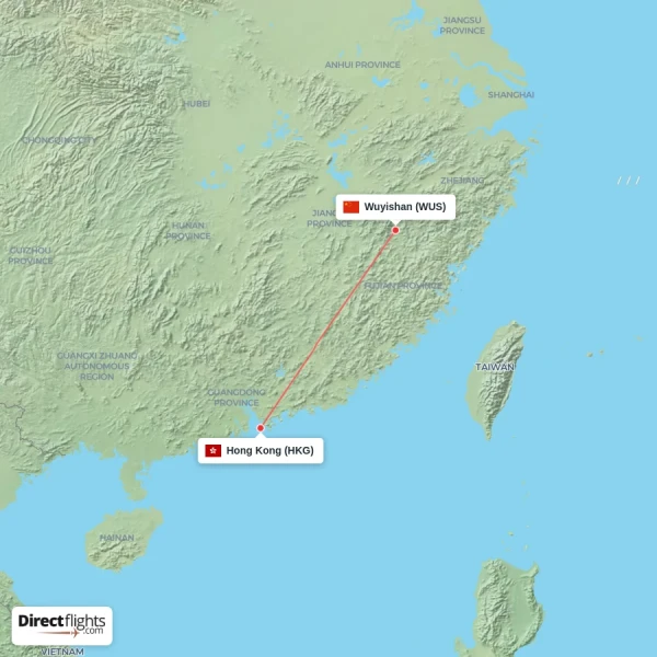 Wuyishan - Hong Kong direct flight map