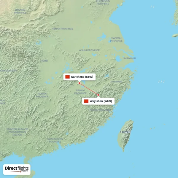 Wuyishan - Nanchang direct flight map