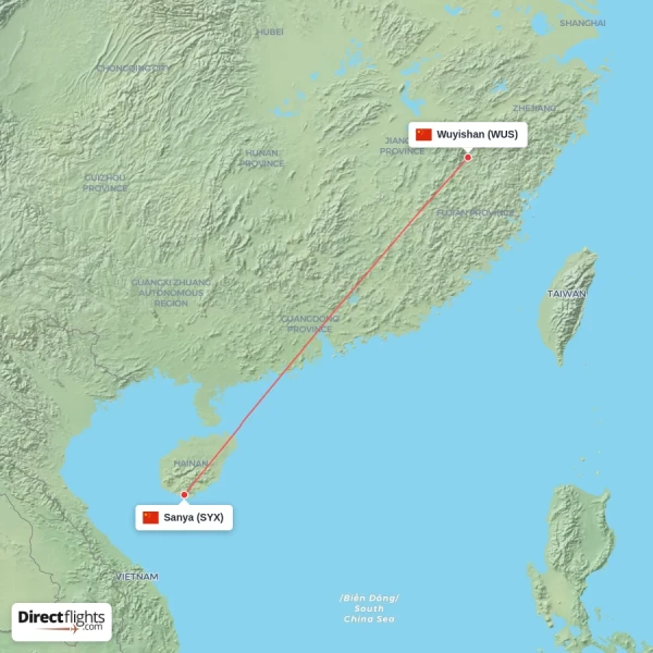 Wuyishan - Sanya direct flight map