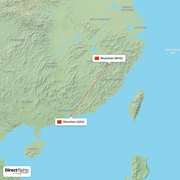 Wuyishan - Shenzhen direct flight map