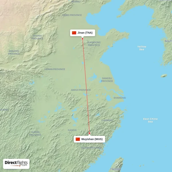 Wuyishan - Jinan direct flight map