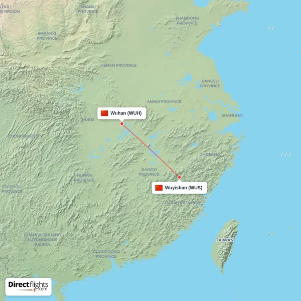 Wuyishan - Wuhan direct flight map