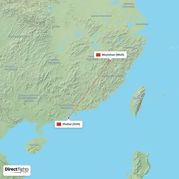 Wuyishan - Zhuhai direct flight map