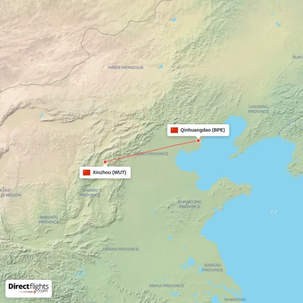Xinzhou - Qinhuangdao direct flight map