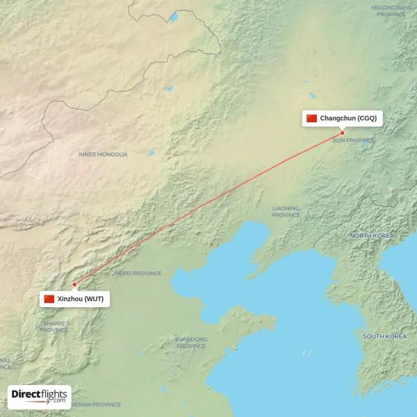Xinzhou - Changchun direct flight map