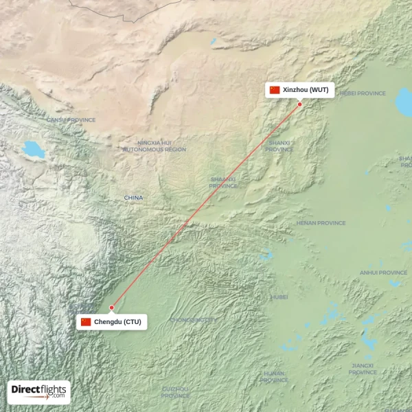 Xinzhou - Chengdu direct flight map