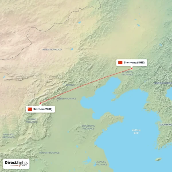 Xinzhou - Shenyang direct flight map