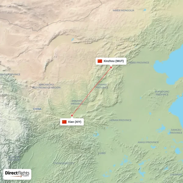 Xinzhou - Xian direct flight map