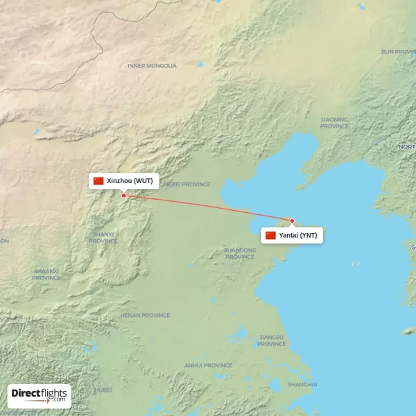 Xinzhou - Yantai direct flight map