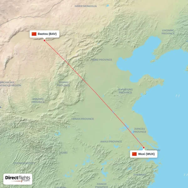 Wuxi - Baotou direct flight map
