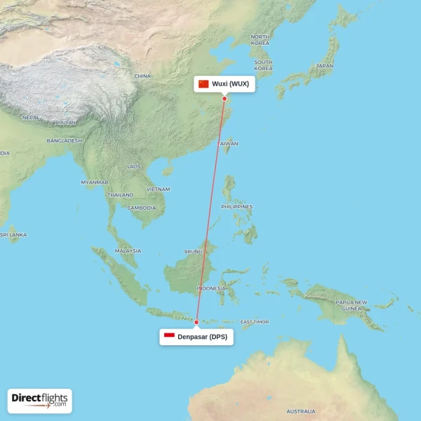 Wuxi - Denpasar direct flight map