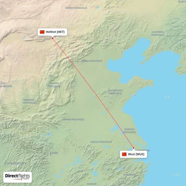 Wuxi - Hohhot direct flight map