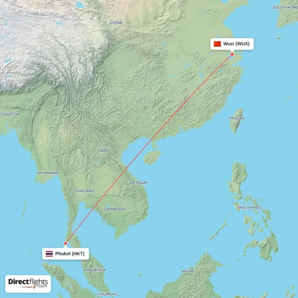 Wuxi - Phuket direct flight map