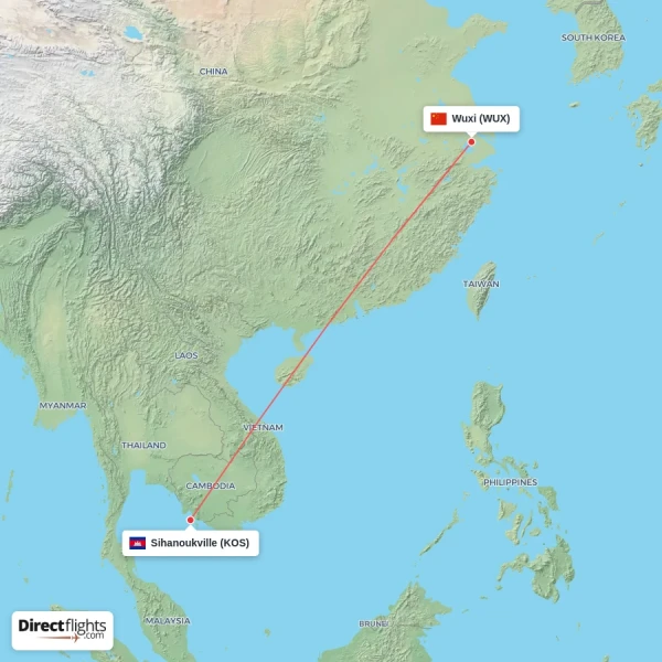 Wuxi - Sihanoukville direct flight map