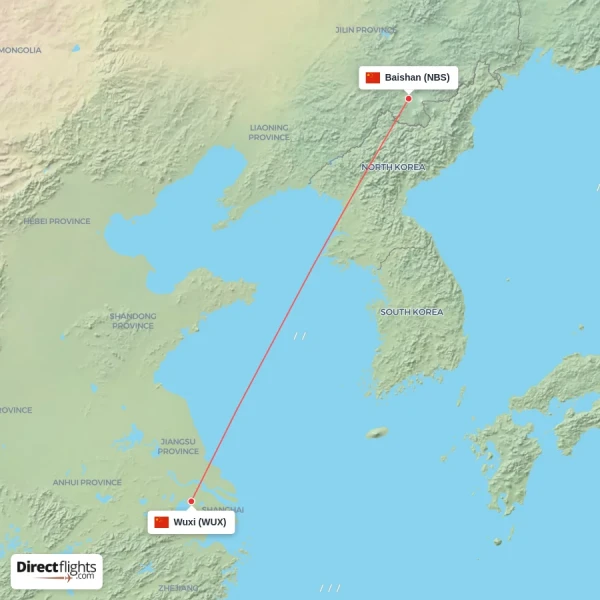 Wuxi - Baishan direct flight map