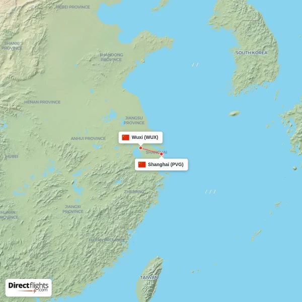 Wuxi - Shanghai direct flight map