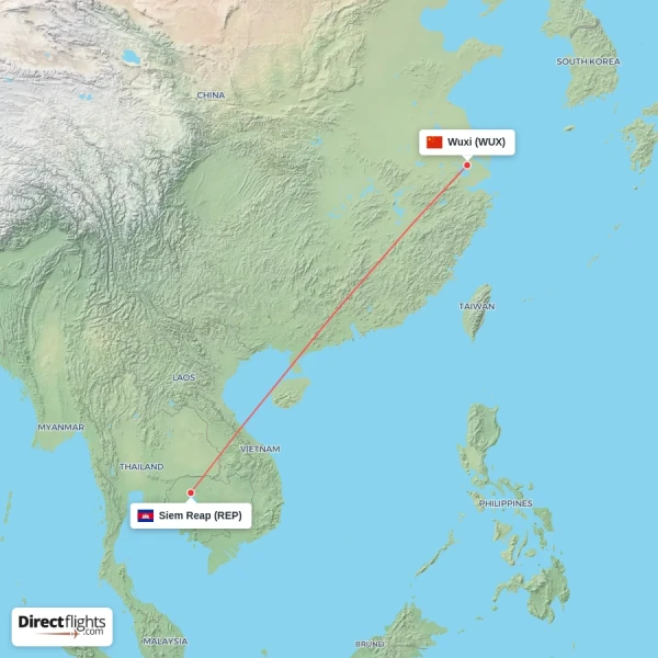 Wuxi - Siem Reap direct flight map