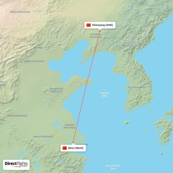 Wuxi - Shenyang direct flight map