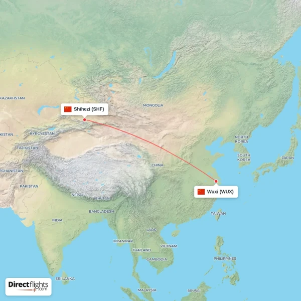 Wuxi - Shihezi direct flight map