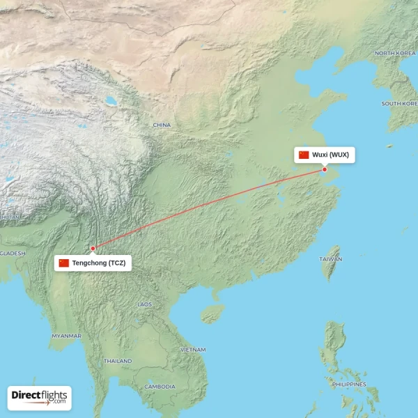 Wuxi - Tengchong direct flight map