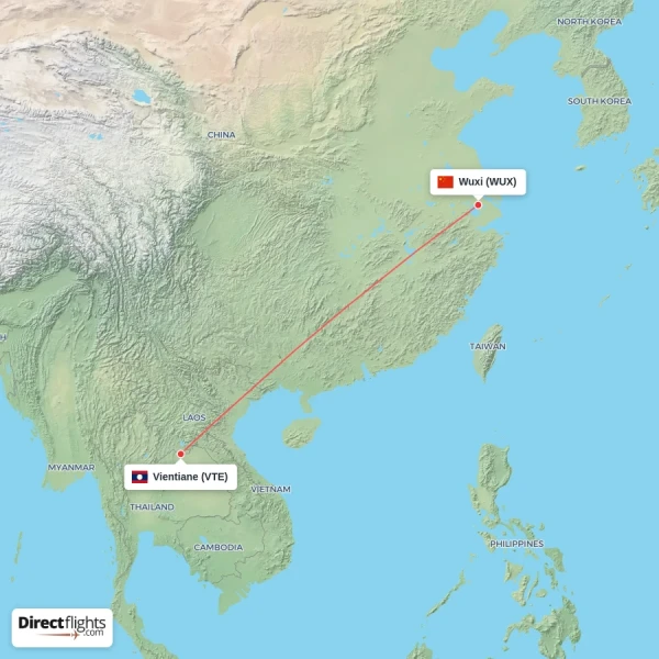 Wuxi - Vientiane direct flight map