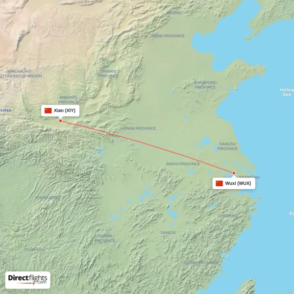 Wuxi - Xian direct flight map